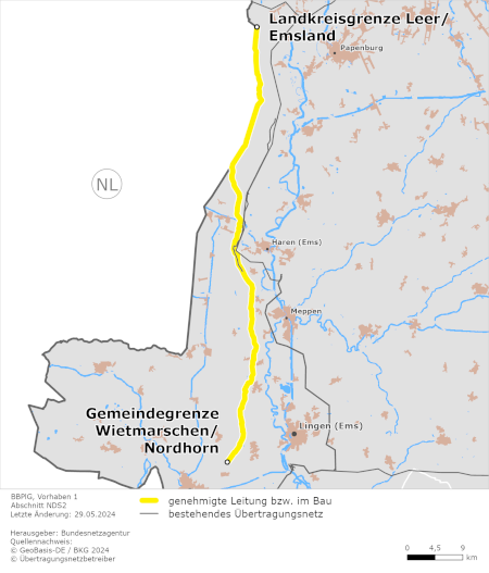 möglicher Trassenverlauf des Abschnitts NDS2 Landkreisgrenze Leer/ Emsland - Gemeindegrenze Wietmarschen/Nordhorn des BBPlG-Vorhabens 1