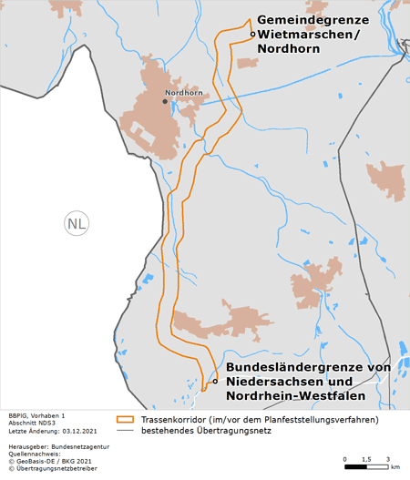 möglicher Trassenverlauf des Abschnitts NDS3 von der Gemeinde­grenze Wiet­marschen/Nord­horn zur Landes­grenze Nieder­sachsen/Nordrhein-Westfalen des BBPlG-Vorhabens 1