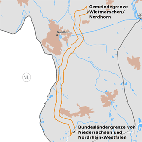 möglicher Trassenverlauf des Abschnitts NDS3 von der Gemeinde­grenze Wiet­marschen/Nord­horn zur Landes­grenze Nieder­sachsen/Nordrhein-Westfalen des BBPlG-Vorhabens 1