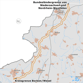 möglicher Trassenverlauf des Abschnitts NRW1 von der Landes­grenze Nieder­sachsen/Nordrhein-Westfalen zur Kreis­grenze Borken/Wesel des BBPlG-Vorhabens 1