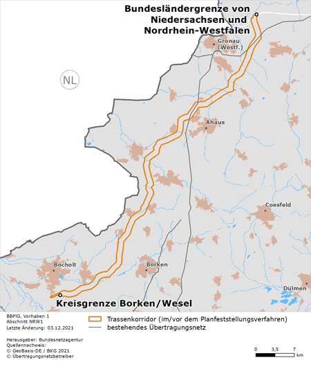 möglicher Trassenverlauf des Abschnitts NRW1 von der Landes­grenze Nieder­sachsen/Nordrhein-Westfalen zur Kreis­grenze Borken/Wesel des BBPlG-Vorhabens 1