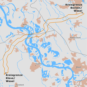 möglicher Trassenverlauf des Abschnitts NRW 2 Kreisgrenze Borken/Wesel zwischen Bocholt und Hamminkeln bis zur Kreisgrenze Kleve/Wesel zwischen Uedem und Sonsbeck des BBPlG-Vorhabens 1