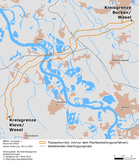 möglicher Trassenverlauf des Abschnitts NRW 2 Kreisgrenze Borken/Wesel zwischen Bocholt und Hamminkeln bis zur Kreisgrenze Kleve/Wesel zwischen Uedem und Sonsbeck des BBPlG-Vorhabens 1