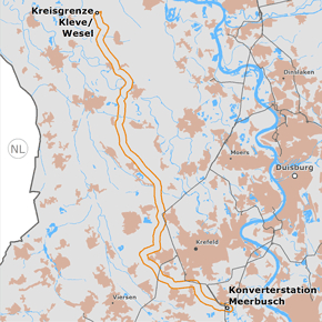 möglicher Trassenverlauf des Abschnitts NRW3a Kreisgrenze Kleve/Wesel – Konverterstation Meerbusch des BBPlG-Vorhabens 1