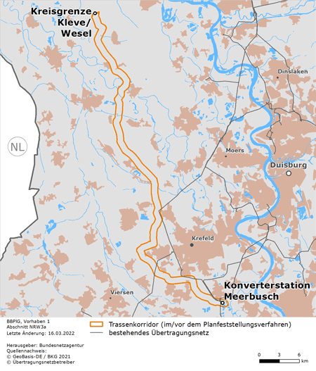möglicher Trassenverlauf des Abschnitts NRW3a Kreisgrenze Kleve/Wesel – Konverterstation Meerbusch des BBPlG-Vorhabens 1
