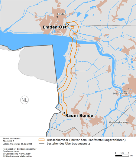 möglicher Trassenverlauf des Abschnitts Emden Ost – Raum Bunde des BBPlG-Vorhabens 1