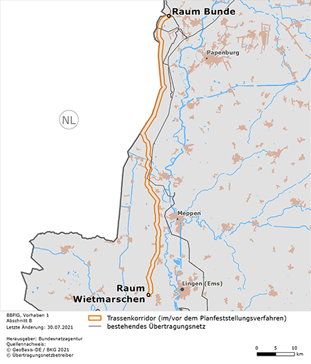 Trassenverlauf des Abschnitts Raum Bunde – Raum Wietmarschen des BBPlG-Vorhabens 1 Trassenverlauf des Abschnitts Raum Bunde – Raum Wietmarschen des BBPlG-Vorhabens 1