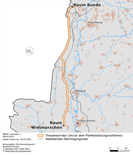 Trassenverlauf des Abschnitts Raum Bunde – Raum Wietmarschen des BBPlG-Vorhabens 1