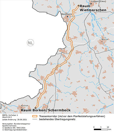 Trassenverlauf des Abschnitts Raum Wietmarschen – Raum Borken/Schermbeck des BBPlG-Vorhabens 1