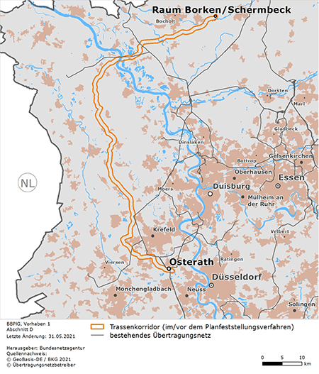 möglicher Trassenverlauf des Abschnitts Raum Borken/Schermbeck – Osterath des BBPlG-Vorhabens 1 möglicher Trassenverlauf des Abschnitts Raum Borken/Schermbeck – Osterath des BBPlG-Vorhabens 1