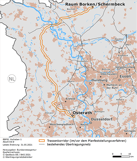 möglicher Trassenverlauf des Abschnitts Raum Borken/Schermbeck – Osterath des BBPlG-Vorhabens 1
