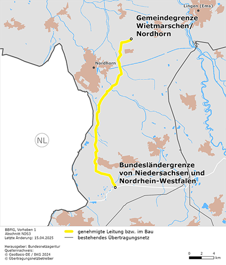 Trassenverlauf des Abschnitts NDS3 von der Gemeindegrenze Wietmarschen/Nordhorn zur Landesgrenze Niedersachsen/Nordrhein-Westfalen des BBPlG-Vorhabens 1 Trassenverlauf des Abschnitts NDS3 von der Gemeindegrenze Wietmarschen/Nordhorn zur Landesgrenze Niedersachsen/Nordrhein-Westfalen des BBPlG-Vorhabens 1
