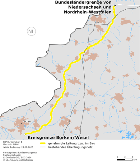 Trassenverlauf des Abschnitts NRW1 von der Landesgrenze Niedersachsen/Nordrhein-Westfalen zur Kreisgrenze Borken/Wesel des BBPlG-Vorhabens 1 Trassenverlauf des Abschnitts NRW1 von der Landesgrenze Niedersachsen/Nordrhein-Westfalen zur Kreisgrenze Borken/Wesel des BBPlG-Vorhabens 1