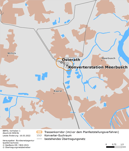 möglicher Trassenverlauf des Abschnitts Konverterstation Meerbusch – Osterath des BBPlG-Vorhabens 1