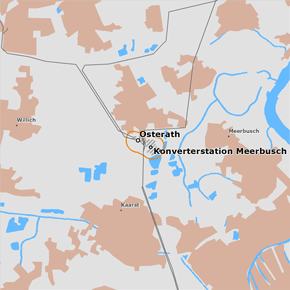 möglicher Trassenverlauf des Abschnitts Konverterstation Meerbusch – Osterath des BBPlG-Vorhabens 1 möglicher Trassenverlauf des Abschnitts Konverterstation Meerbusch – Osterath des BBPlG-Vorhabens 1