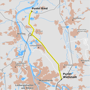 möglicher Trassenverlauf des Abschnitts Punkt Ried – Punkt Wallstadt des BBPlG-Vorhabens 2
