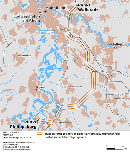 möglicher Trassenverlauf des Abschnitts Mannheim-Wallstadt – Philippsburg des BBPlG-Vorhabens 2