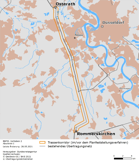 möglicher Trassenverlauf des Abschnitts Osterath – Rommerskirchen des BBPlG-Vorhabens 2; eine detaillierte Darstellung finden Sie in den Antragsunterlagen möglicher Trassenverlauf des Abschnitts Osterath – Rommerskirchen des BBPlG-Vorhabens 2; eine detaillierte Darstellung finden Sie in den Antragsunterlagen