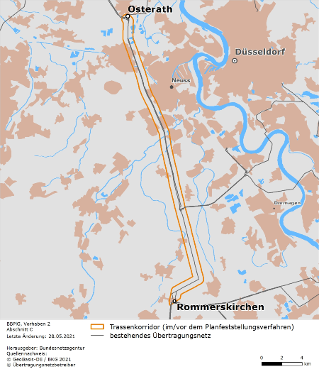 möglicher Trassenverlauf des Abschnitts Osterath – Rommerskirchen des BBPlG-Vorhabens 2; eine detaillierte Darstellung finden Sie in den Antragsunterlagen