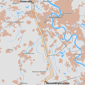 möglicher Trassenverlauf des Abschnitts Osterath – Rommerskirchen des BBPlG-Vorhabens 2