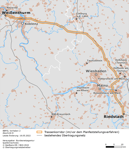 Trassenverlauf des Abschnitts Weißenthurm – Riedstadt des BBPlG-Vorhabens 2; eine detaillierte Darstellung finden Sie in den Antragsunterlagen Trassenverlauf des Abschnitts Weißenthurm – Riedstadt des BBPlG-Vorhabens 2; eine detaillierte Darstellung finden Sie in den Antragsunterlagen