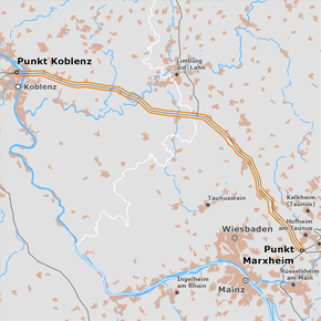 Trassenverlauf des Abschnitts Punkt Koblenz  – Punkt Marxheim des BBPlG-Vorhabens 2; eine detaillierte Darstellung finden Sie in den Antragsunterlagen
