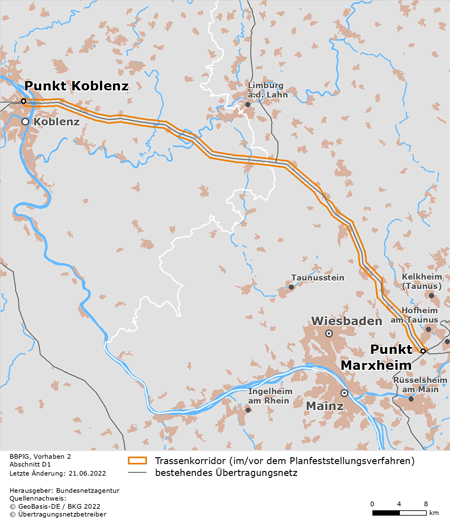 Trassenverlauf des Abschnitts Punkt Koblenz  – Punkt Marxheim des BBPlG-Vorhabens 2; eine detaillierte Darstellung finden Sie in den Antragsunterlagen
