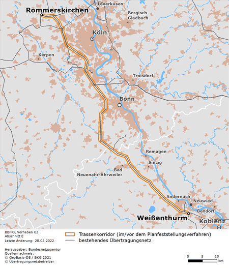 Trassenverlauf des Abschnitts Rommerskirchen – Weißenthurm des BBPlG-Vorhabens 2; eine detaillierte Darstellung finden Sie in den Antragsunterlagen