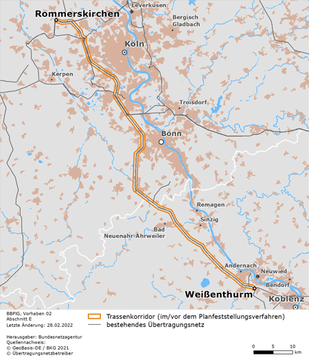 Trassenverlauf des Abschnitts Rommerskirchen – Weißenthurm des BBPlG-Vorhabens 2; eine detaillierte Darstellung finden Sie in den Antragsunterlagen Trassenverlauf des Abschnitts Rommerskirchen – Weißenthurm des BBPlG-Vorhabens 2; eine detaillierte Darstellung finden Sie in den Antragsunterlagen