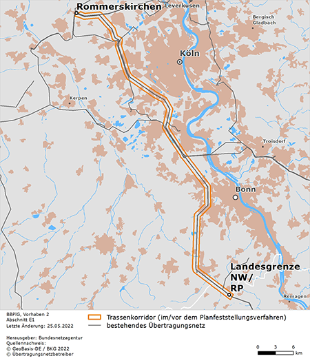 Trassenverlauf des Abschnitts Rommerskirchen – Landesgrenze NRW/RP des BBPlG-Vorhabens 2; eine detaillierte Darstellung finden Sie in den Antragsunterlagen