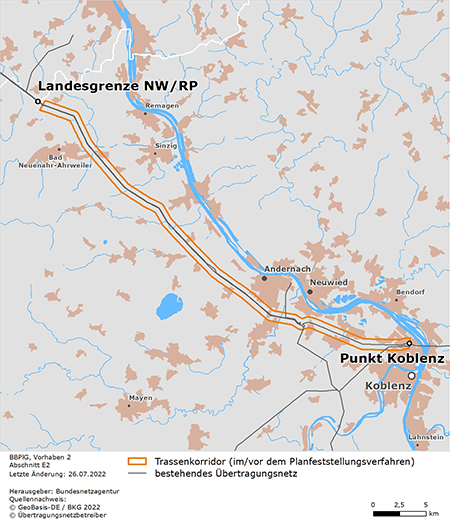möglicher Trassenverlauf des Abschnitts Landesgrenze NRW/RP – Punkt Koblenz des BBPlG-Vorhabens 2