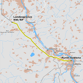 Trassenverlauf des Abschnitts Landesgrenze NRW/RP – Punkt Koblenz des BBPlG-Vorhabens 2 Trassenverlauf des Abschnitts Landesgrenze NRW/RP – Punkt Koblenz des BBPlG-Vorhabens 2
