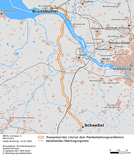 Trassenverlauf der Abschnitts Brunsbüttel – Scheeßel (Abschnitt A) des BBPlG-Vorhabens 3