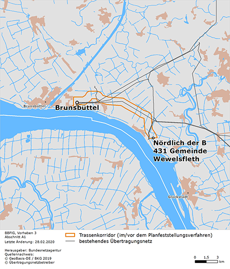 Trassenverlauf der Abschnitts Brunsbüttel – Wewelsfleth des BBPlG-Vorhabens 3 Trassenverlauf der Abschnitts Brunsbüttel – Wewelsfleth des BBPlG-Vorhabens 3