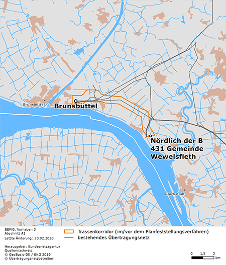 Trassenverlauf der Abschnitts Brunsbüttel – Wewelsfleth des BBPlG-Vorhabens 3