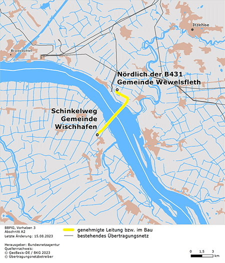 Trassenverlauf der Abschnitts Wewelsfleth – Wischhafen des BBPlG-Vorhabens 3