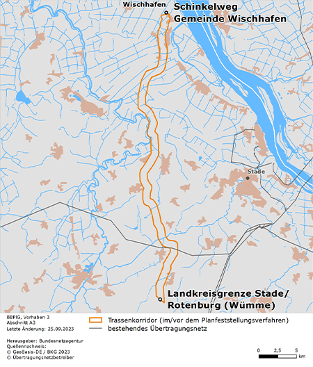 Trassenverlauf des Abschnitts Wischhafen – Stade / Rotenburg (Wümme) des BBPlG-Vorhabens 3