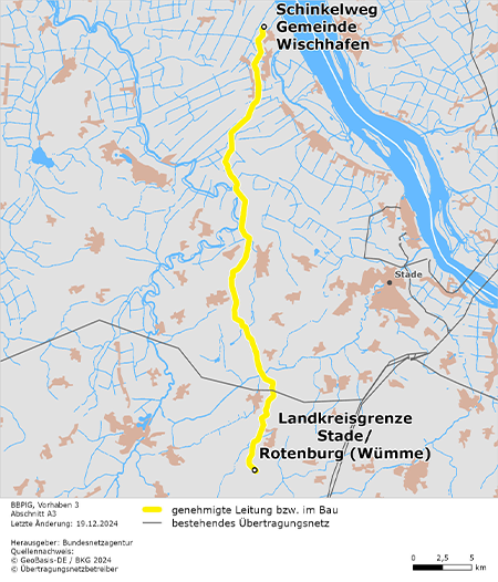 Trassenverlauf des Abschnitts Wischhafen – Stade / Rotenburg (Wümme) des BBPlG-Vorhabens 3