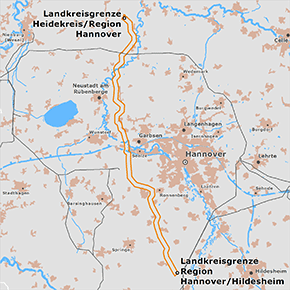 möglicher Trassenverlauf des Abschnitts zwischen den Punkten Grenze Heidekreis / Region Hannover und Grenze Region Hannover / Landkreis Hildesheim