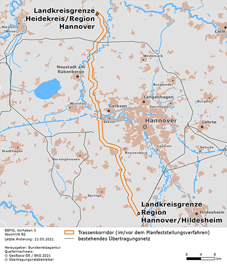 möglicher Trassenverlauf des Abschnitts zwischen den Punkten Grenze Heidekreis / Region Hannover und Grenze Region Hannover / Landkreis Hildesheim