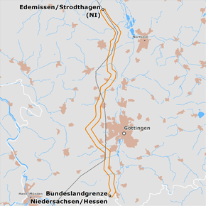möglicher Trassenverlauf des Abschnitts Edemissen/Strodthagen – Landesgrenze Niedersachsen/Hessen des BBPlG-Vorhabens 3; eine detaillierte Darstellung finden Sie in den Antragsunterlagen