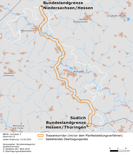 möglicher Trassenverlauf des Abschnitts Landesgrenze Niedersachsen/Hessen und südliche Landesgrenze Hessen/Thüringen des BBPlG-Vorhabens 3; eine detaillierte Darstellung finden Sie in den Antragsunterlagen