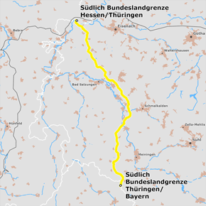 Trassenverlauf des Abschnitts Südlich Bundeslandgrenze Hessen/Thüringen – Südlich Bundeslandgrenze Thüringen/Bayern des BBPlG-Vorhabens 3; eine detaillierte Darstellung finden Sie in den Antragsunterlagen Trassenverlauf des Abschnitts Südlich Bundeslandgrenze Hessen/Thüringen – Südlich Bundeslandgrenze Thüringen/Bayern des BBPlG-Vorhabens 3; eine detaillierte Darstellung finden Sie in den Antragsunterlagen