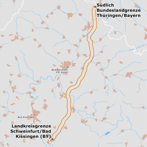 möglicher Trassenverlauf des Abschnitts Südlich Bundeslandgrenze Thüringen/Bayern - Landkreisgrenze Schweinfurt/Bad Kissingen des BBPlG-Vorhabens 3; eine detaillierte Darstellung finden Sie in den Antragsunterlagen