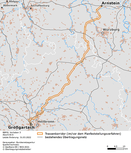 möglicher Trassenverlauf der Abschnitts Arnstein – Großgartach des BBPlG-Vorhabens 3