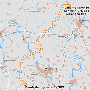 möglicher Trassenverlauf des Abschnitts Landkreisgrenze Schweinfurt / Bad Kissingen – Landesgrenze Bayern/Baden-Württemberg des BBPlG-Vorhabens 3