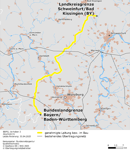 möglicher Trassenverlauf des Abschnitts Landkreisgrenze Schweinfurt / Bad Kissingen – Landesgrenze Bayern/Baden-Württemberg des BBPlG-Vorhabens 3