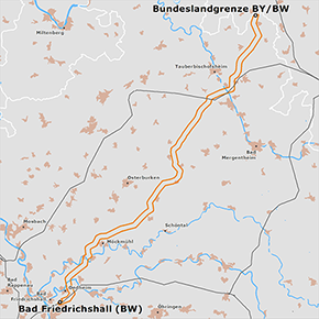 möglicher Trassenverlauf des Abschnitts Bundeslandgrenze Bayern/Baden-Württemberg – Bad Friedrichshall des BBPlG-Vorhabens 3
