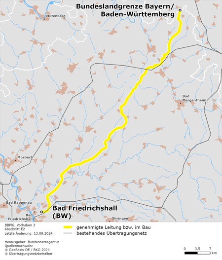 möglicher Trassenverlauf des Abschnitts Bundeslandgrenze Bayern/Baden-Württemberg – Bad Friedrichshall des BBPlG-Vorhabens 3