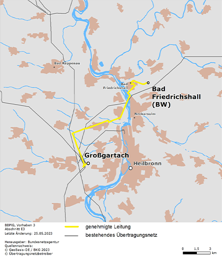 festgelegter Leitungsverlauf des Abschnitts Bad Friedrichshall – Netzverknüpfungspunkt Großgartach des BBPlG-Vorhabens 3